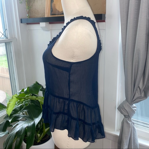 Abercrombie & Fitch | Sheer Peplum Tank Top Ruffle Eyelet Blouse Navy Blue - Picture 2 of 14